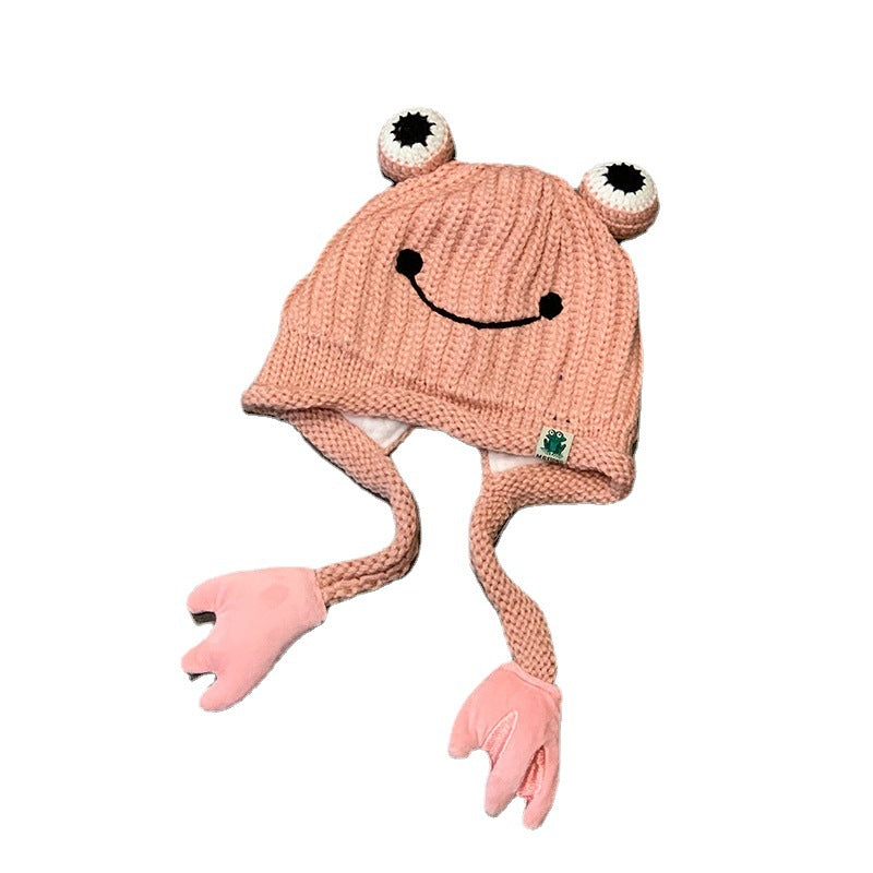 Wholesale Cute Frog Knitted Wool Hats with Plush Polyester Ear Protectors